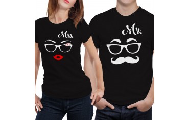 Coppia di magliette t shirt MRS MR idea regalo valentino baffi occhiali GR385